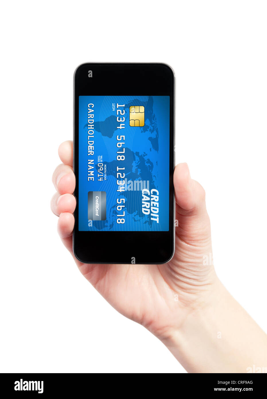 Hand holding mobile smart phone with credit card on a screen. Isolated ...