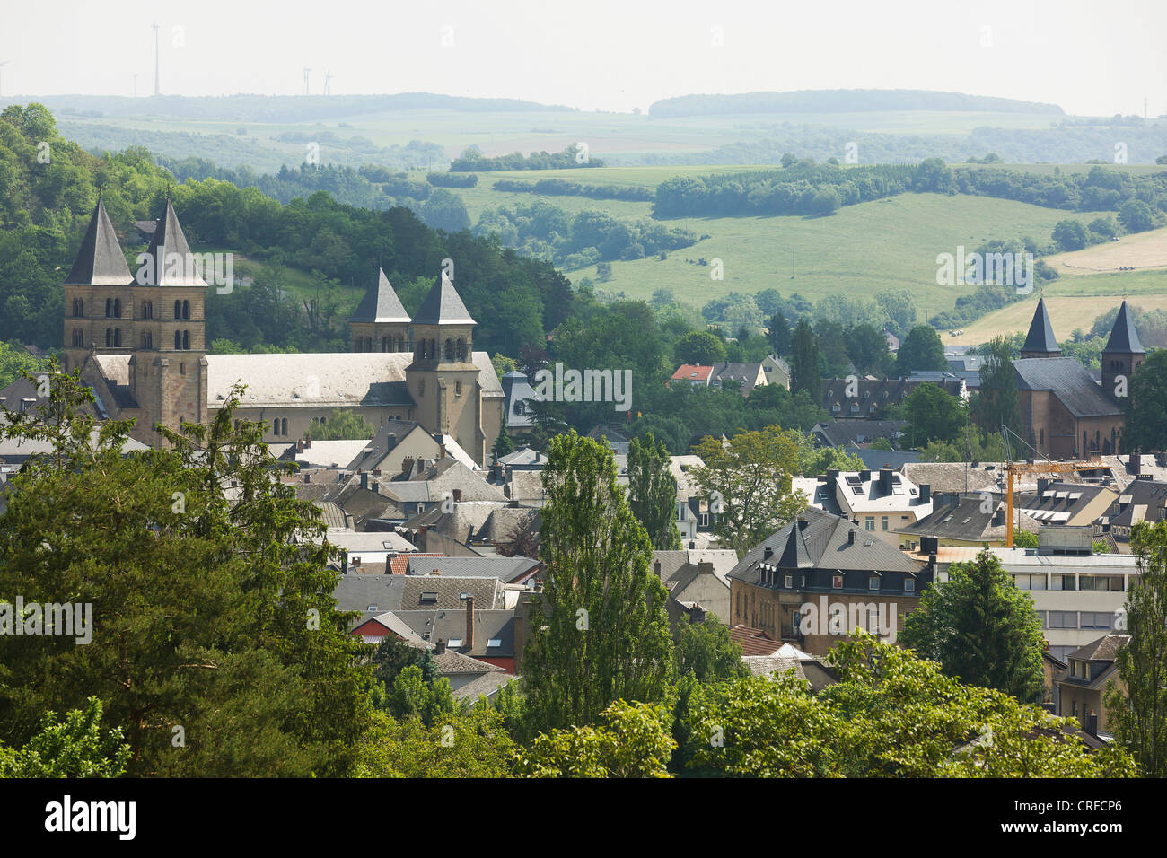 View on Echternach and it's Basilica and Parish Church (left) from above Stock Photo