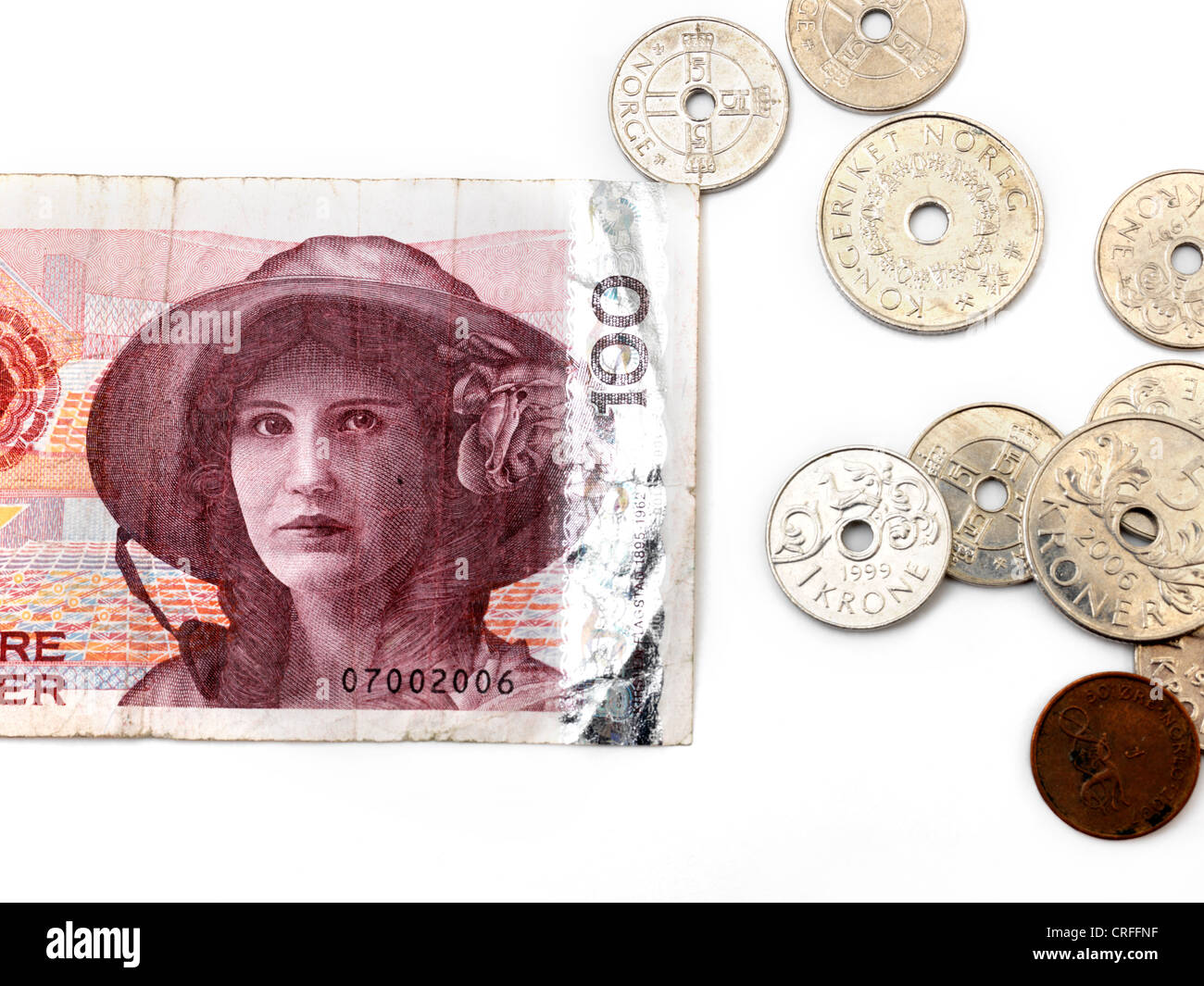 Norwegian Kroner Banknote And Coins - Ore, 1 krone, 5 Krone And 100 kroner  note showing Kristen Flagstad Stock Photo - Alamy