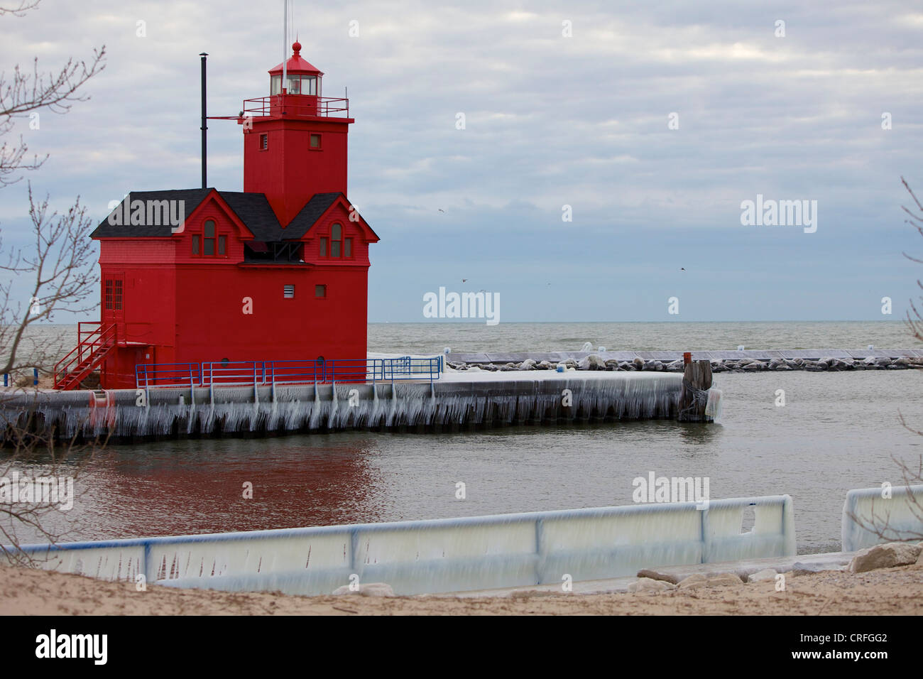 "Big Red" lighthouse in Holland, Michigan in the winter Stock Photo