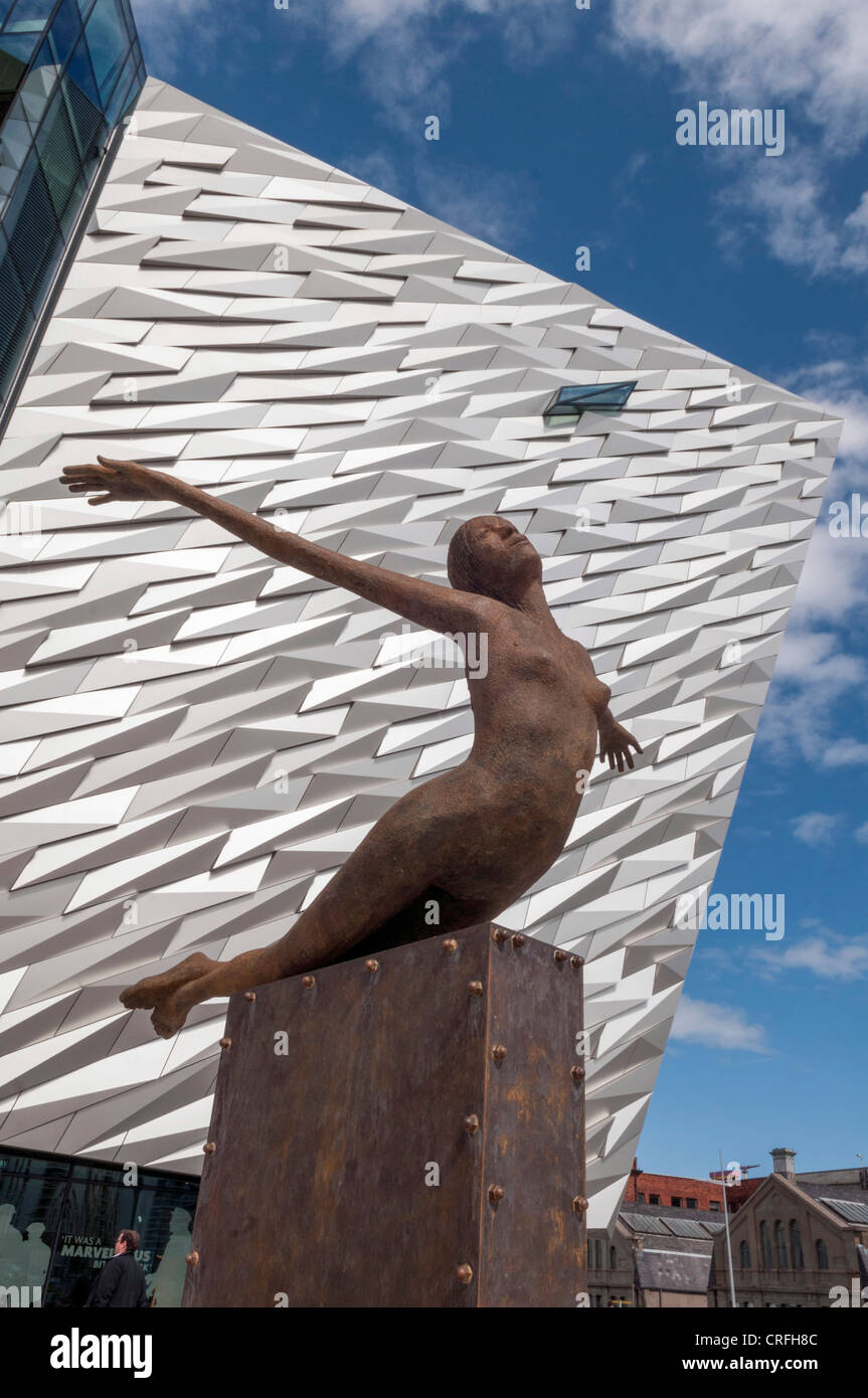 Titanica sculpture in front of Titanic Centre Belfast Stock Photo