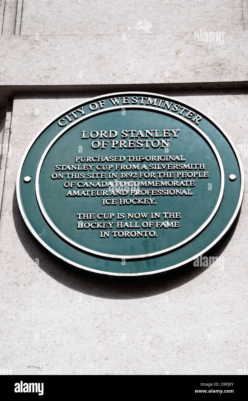 City of Westminster plaque commemorating the purchase of the Stanley Cup by Lord Stanley of Preston, Regent Street, London, UK Stock Photo