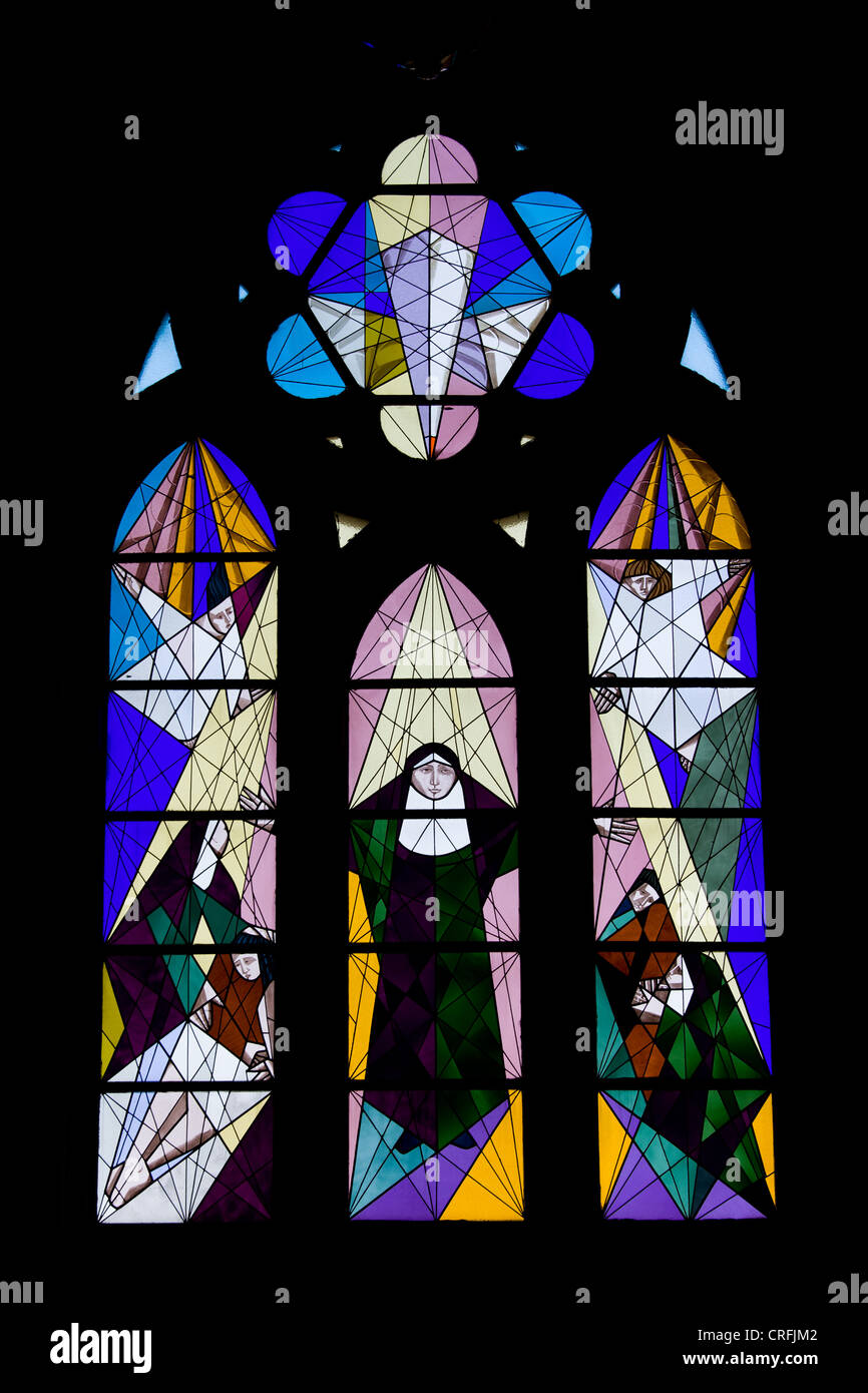 Modern stained glass window religious scene in the Almudena Cathedral