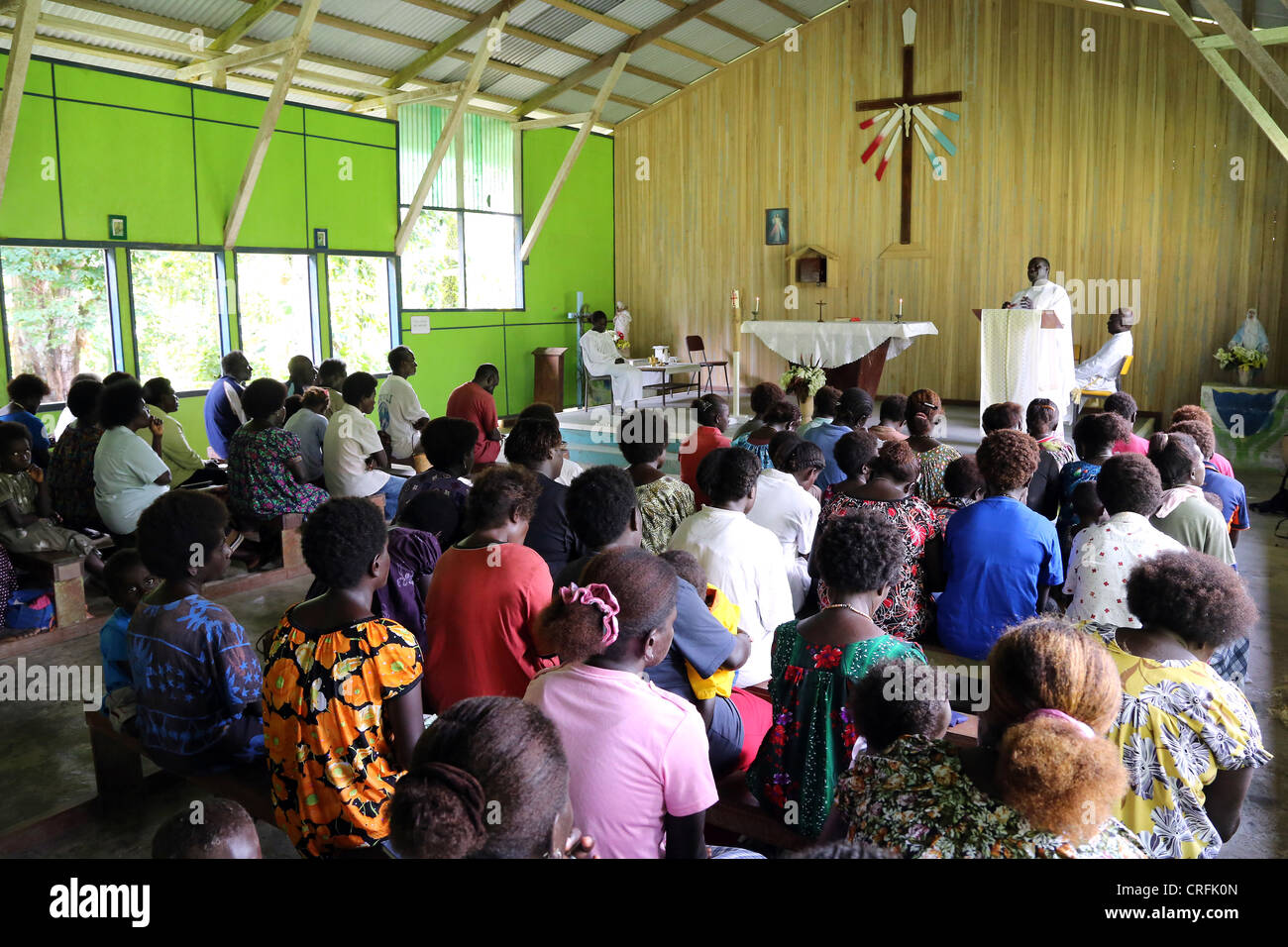 Papua New Guinea, Island of Bougainville. Sunday mass servive in a catholic church. Stock Photo