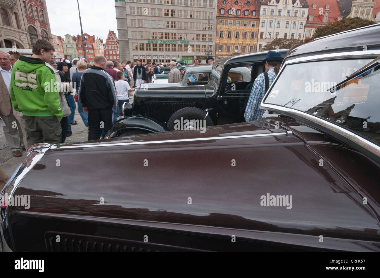 Shining hoods of 1930s Polski Fiats, Vehicles of Interwar Poland Rally at Rynek (Market Square) in Wroclaw, Poland Stock Photo