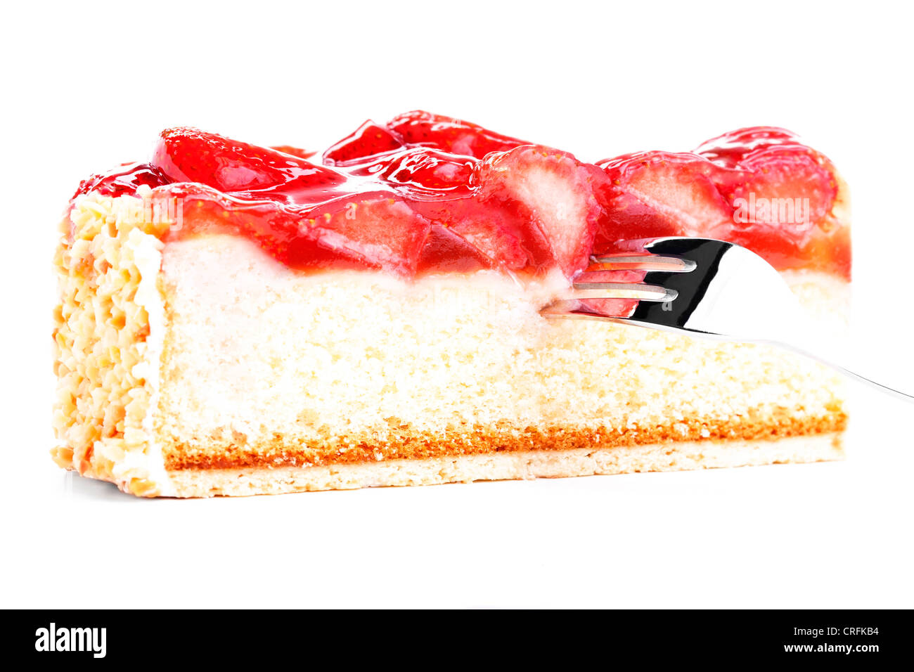 piece of a strawberry cake with a fork on white background Stock Photo ...