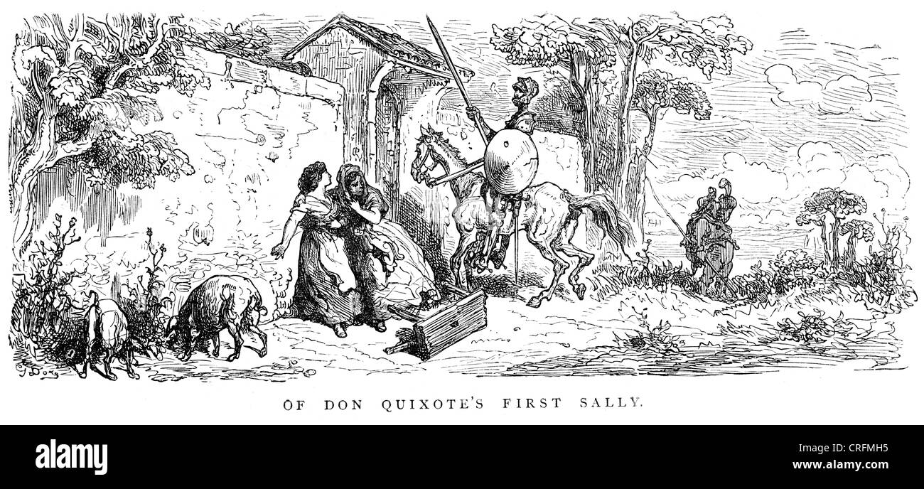 Don Quixote's first sally. Illustration by Gustave Dore from Don Quixote. Stock Photo