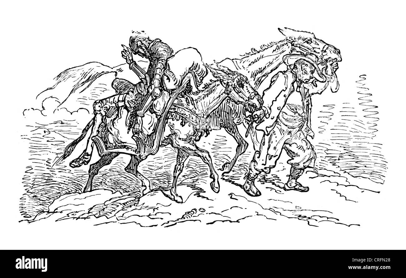 Don Quixote and Sancho Panza. Illustration by Gustave Dore from Don Quixote. Stock Photo