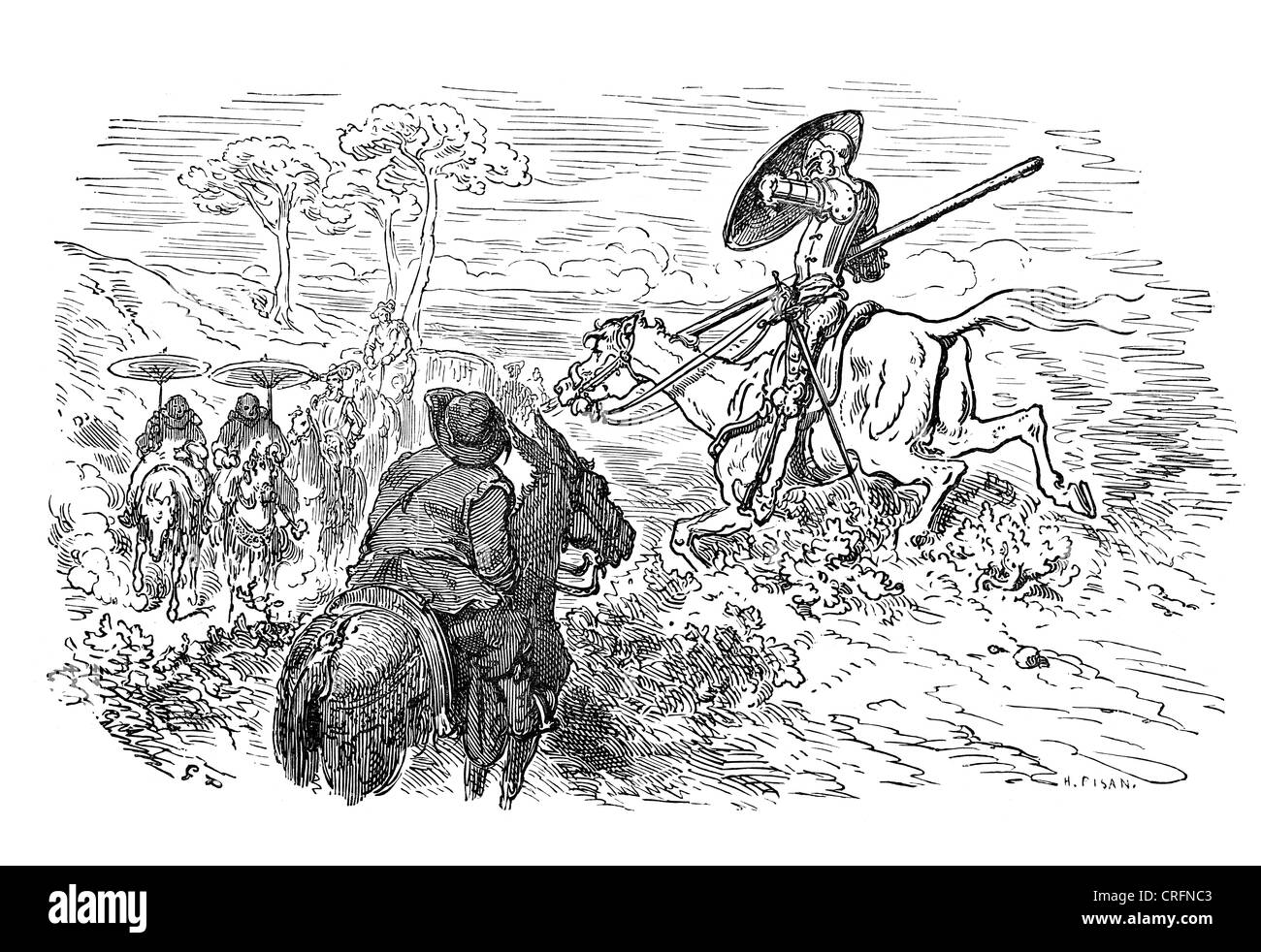 Don Quixote and Sancho Panza. Illustration by Gustave Dore from Don Quixote. Stock Photo