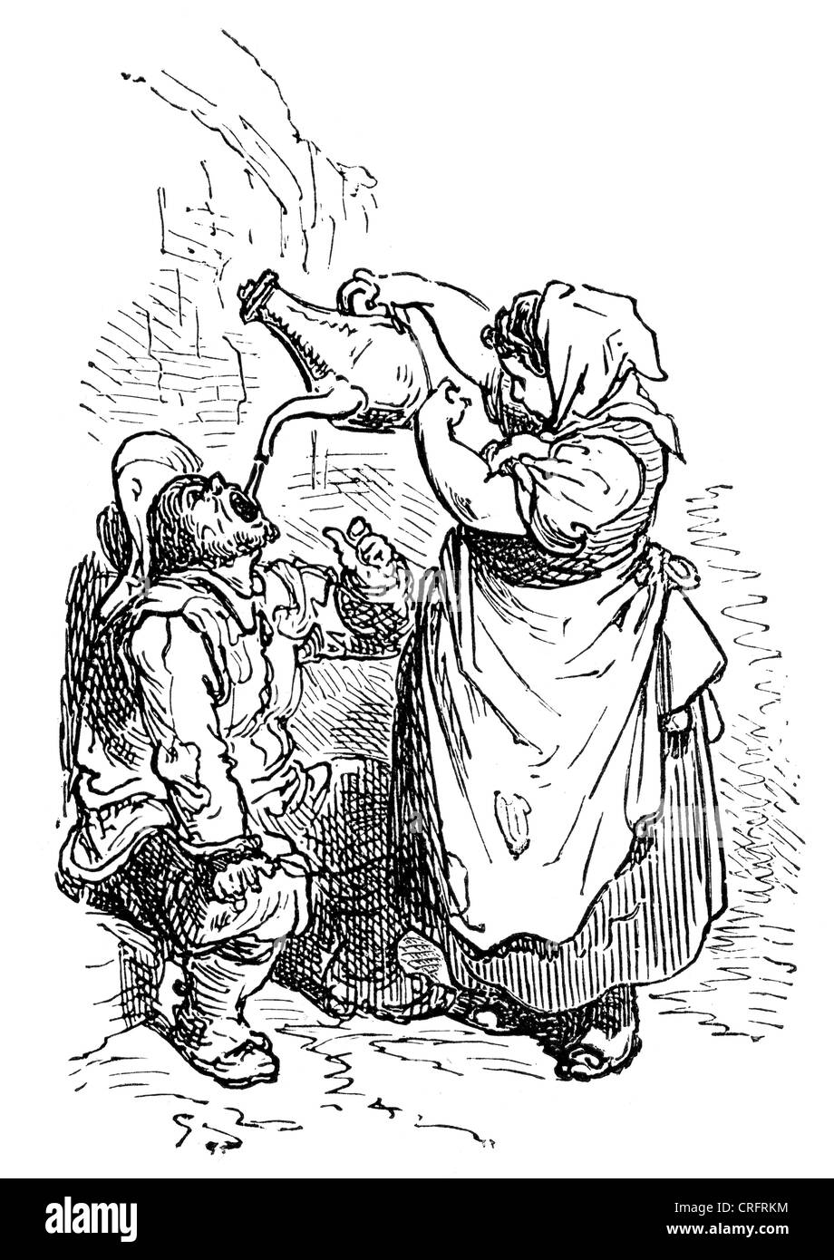 Sancho Panza drinking. Illustration by Gustave Dore from Don Quixote. Stock Photo