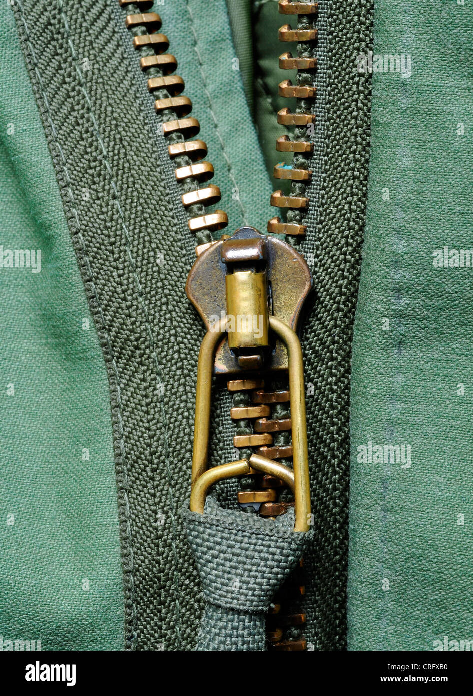 zipper on a olive green jacket Stock Photo Alamy