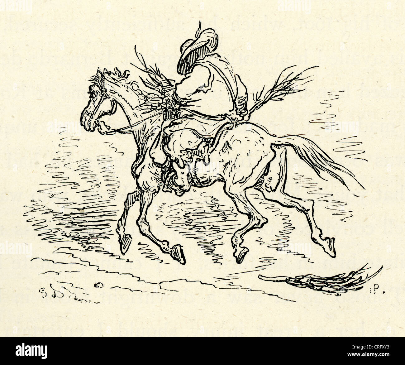 Sancho Panza riding. Illustration by Gustave Dore from Don Quixote. Stock Photo