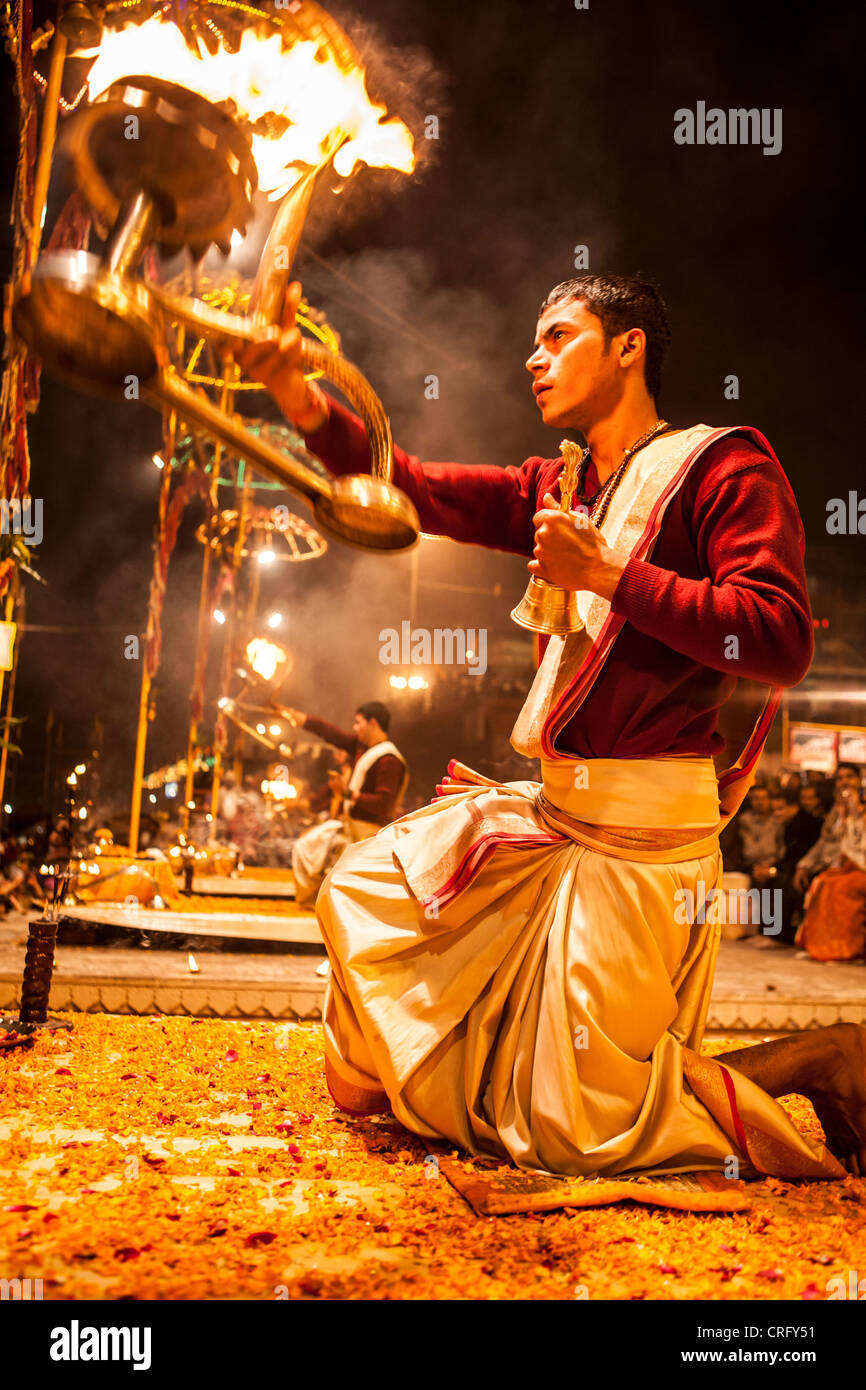 Every evening puja in Dashashwamedh Ghat ,Varanasi, Uttar Pradesh, India Stock Photo