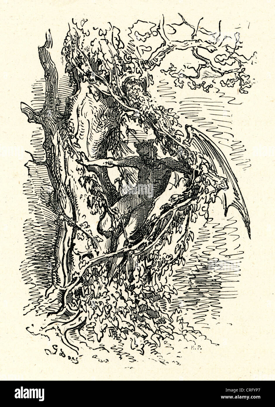 Devil in the tree. Illustration by Gustave Dore from Don Quixote. Stock Photo