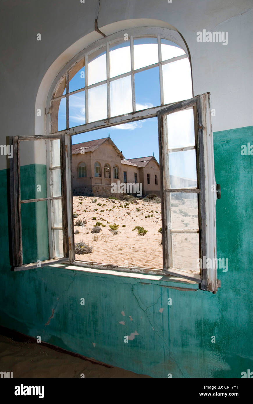 Kolmanskop, abandoned diamond town, view from the hospital to the doctor's house, Namibia, Luederitz Stock Photo