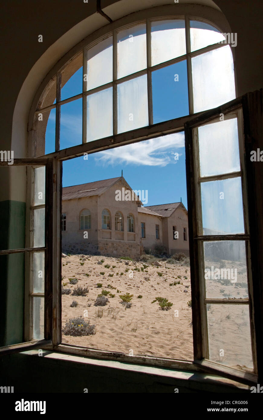 Kolmanskop, abandoned diamond town, view from the hospital to the doctor's house, Namibia, Luederitz Stock Photo