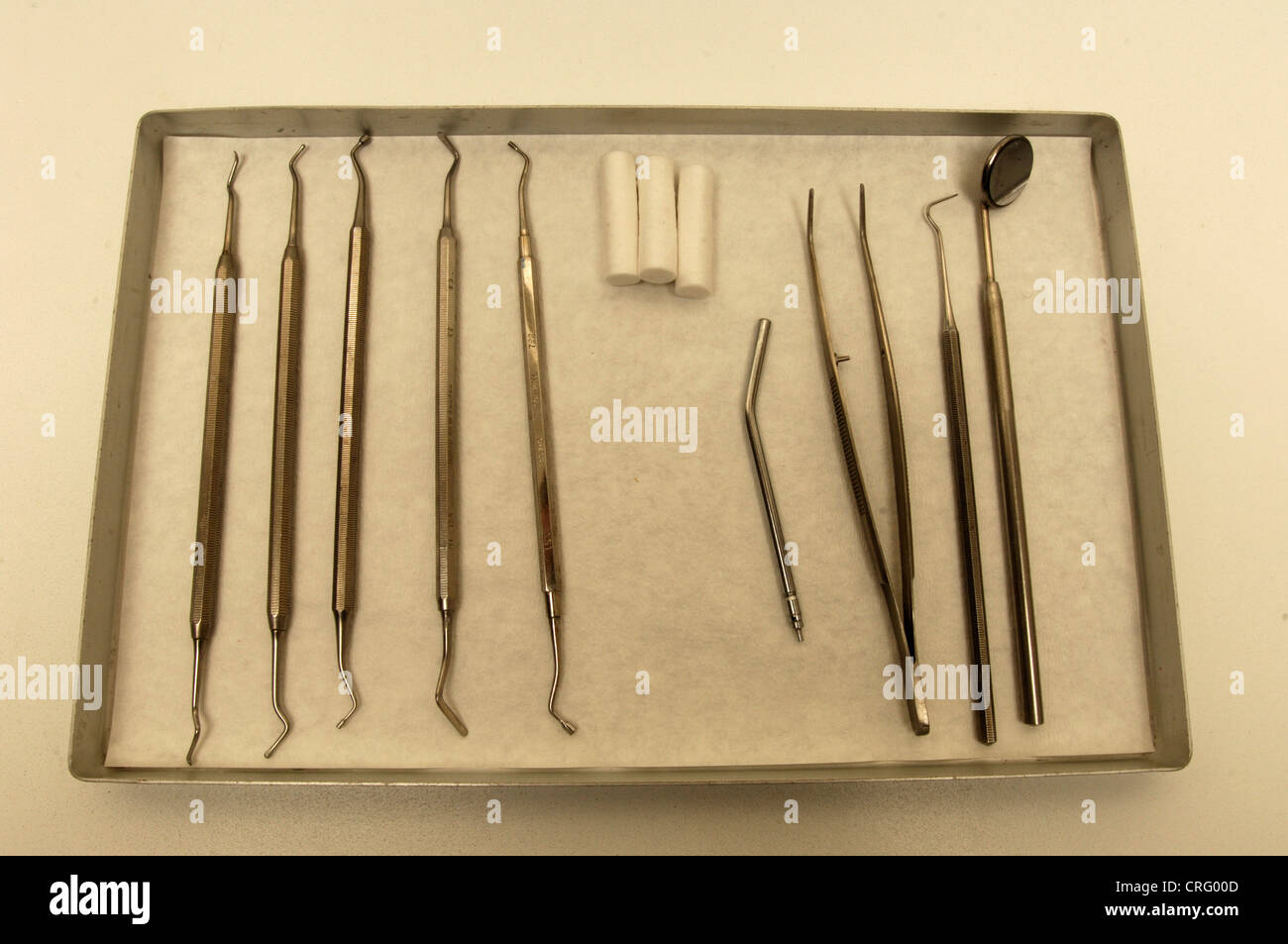 A tray of dental equipment including dental picks, scrapers and an angled mirror. Stock Photo