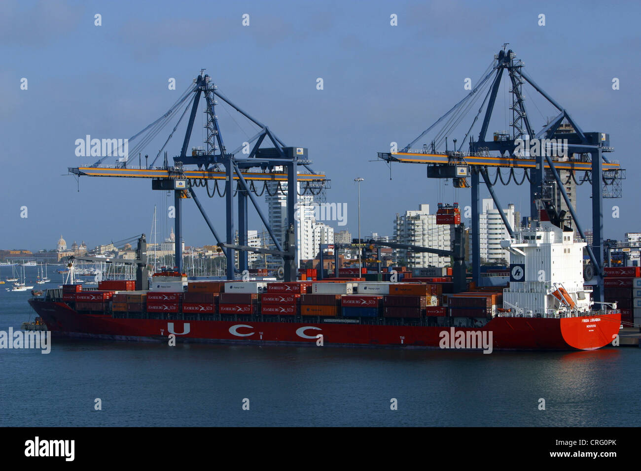 bulk carrier loaded with containers at the terminal, Colombia, Cartagena Stock Photo Alamy