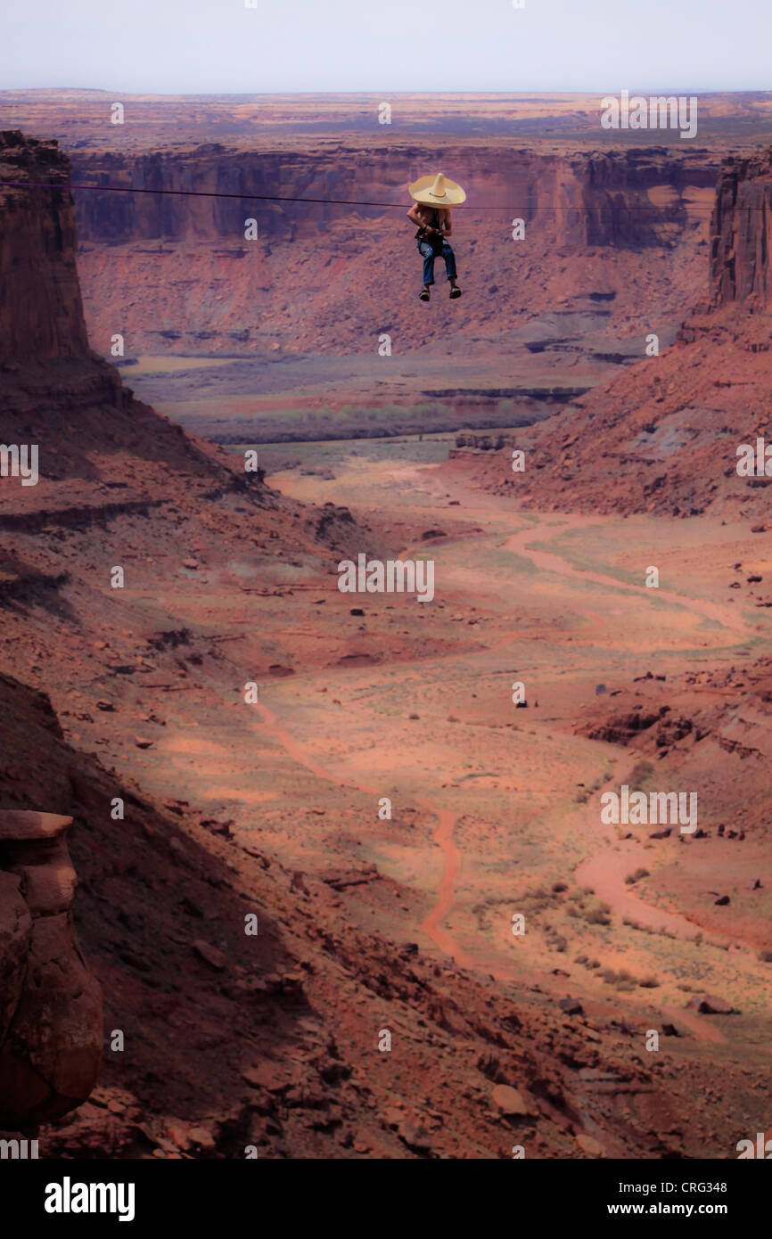Andy Lewis on a 340 ft highline at the Fruit Bowl, Moab Utah Stock