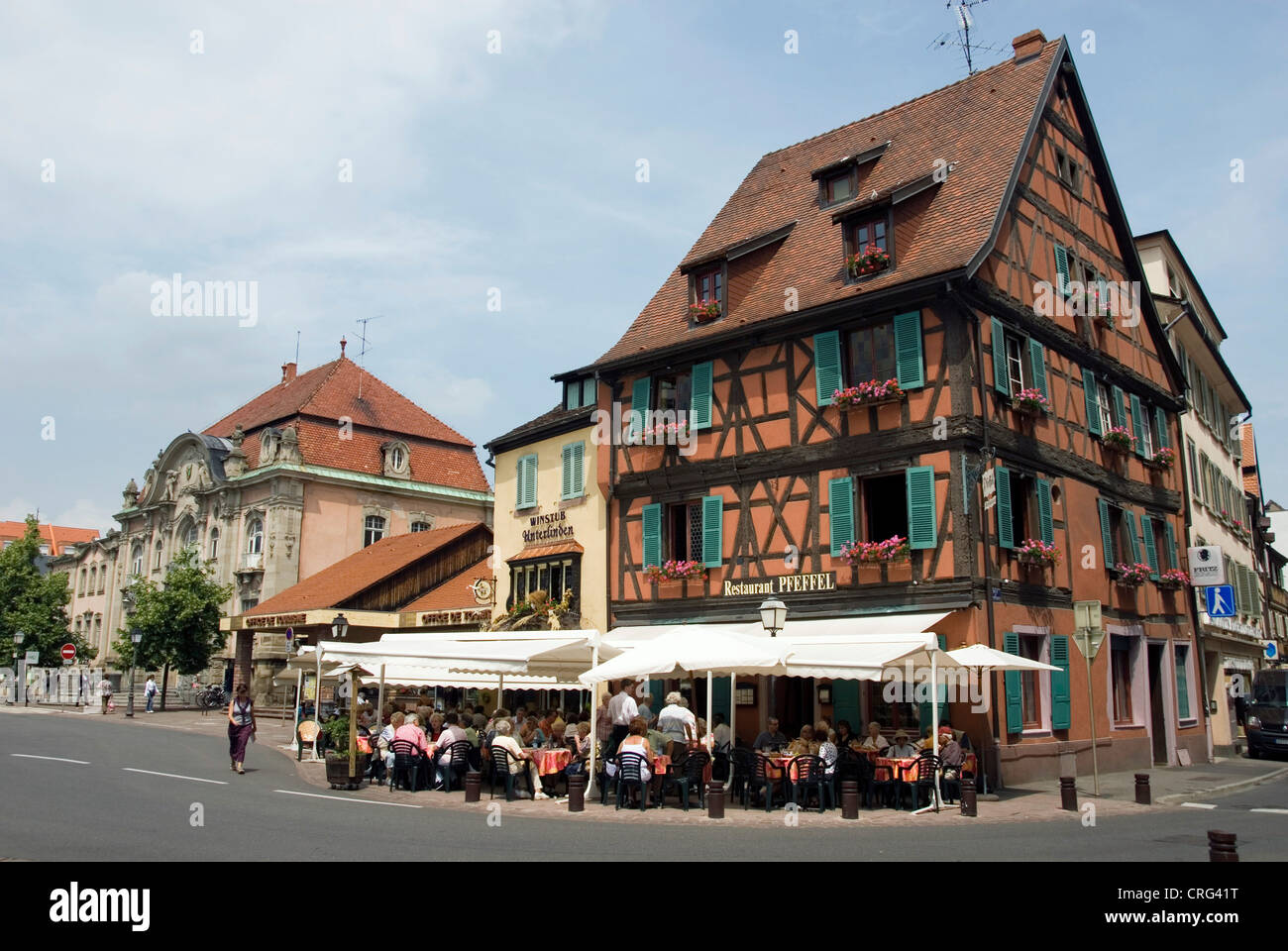 restaurant Pfeffel, half-timbered house, France, Alsace, Colmar Stock Photo