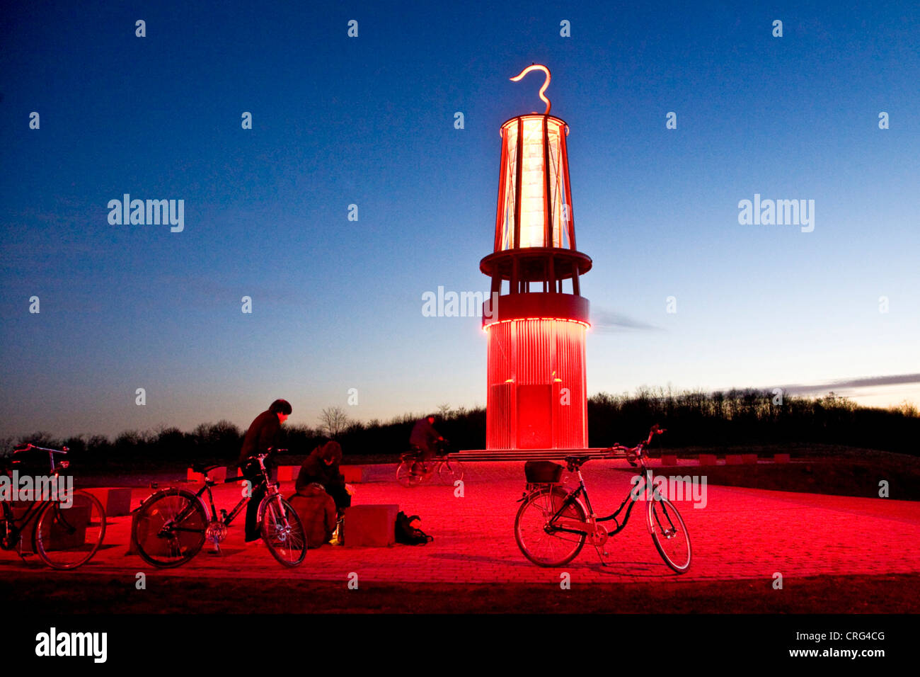 pit lamp as look-out on stuck pile in Moers at the evening, Germany, North Rhine-Westphalia, Ruhr Area, Moers Stock Photo