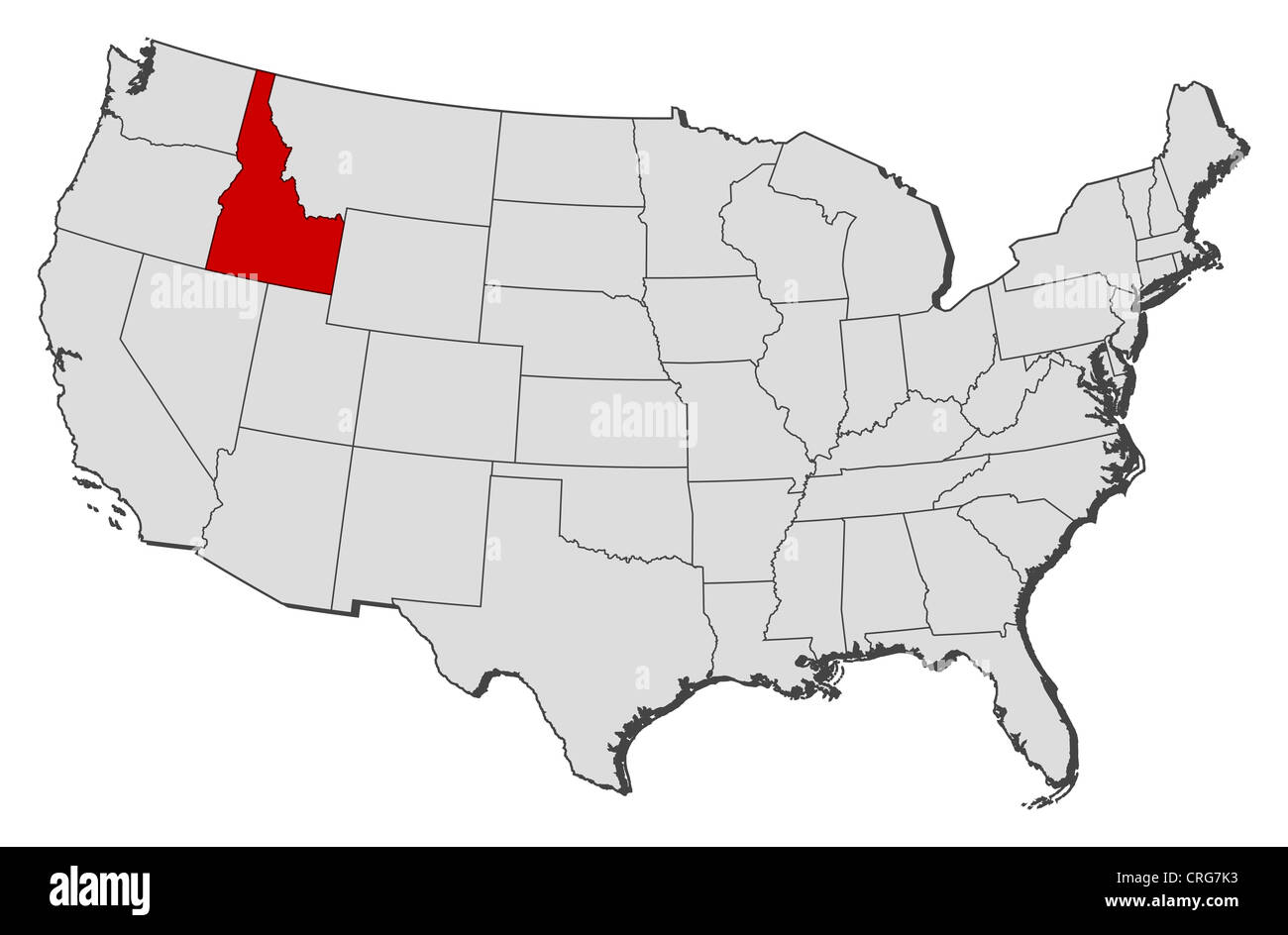 Political map of United States with the several states where Idaho is highlighted. Stock Photo