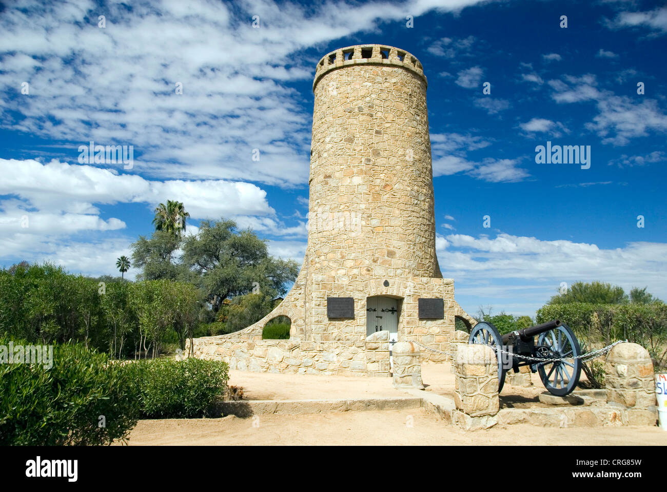 Franke tower build in 1908 with historical connon, Namibia, Omaruru Stock Photo