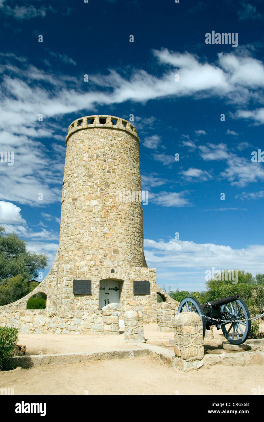 Franke tower build in 1908 with historical connon, Namibia, Omaruru Stock Photo
