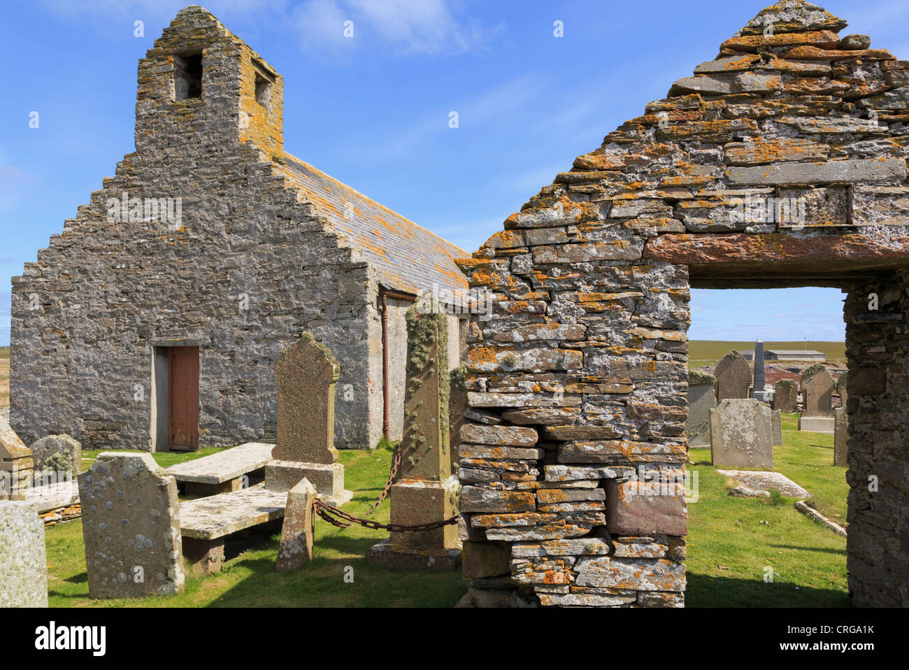 Old St Mary's church and gravestones in the churchyard at Burwick South Ronaldsay Orkney Islands Scotland UK Stock Photo