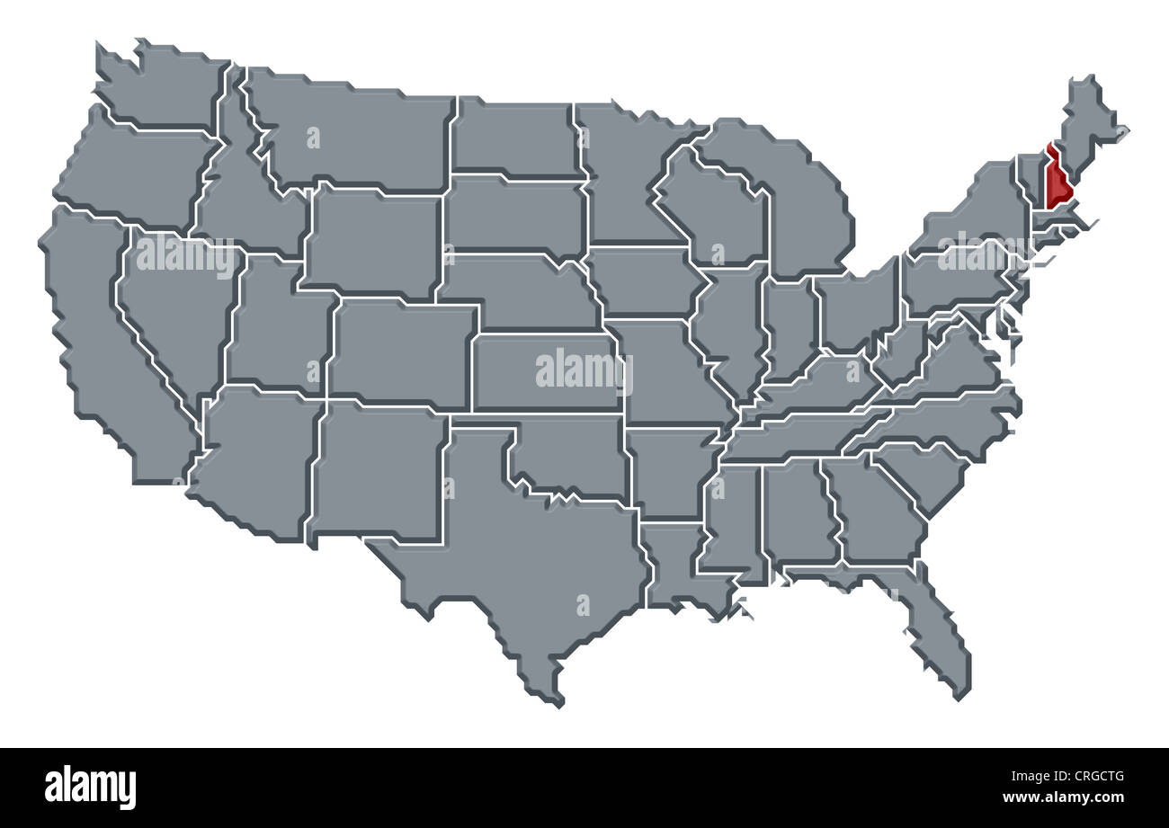 Political map of United States with the several states where New Hampshire is highlighted Stock