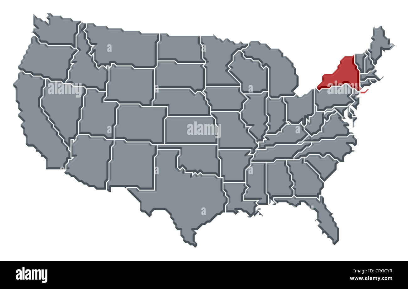 Political map of United States with the several states where New York