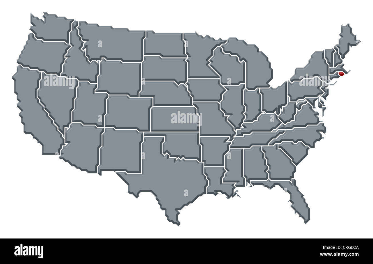 Political map of United States with the several states where Rhode Island is highlighted. Stock Photo