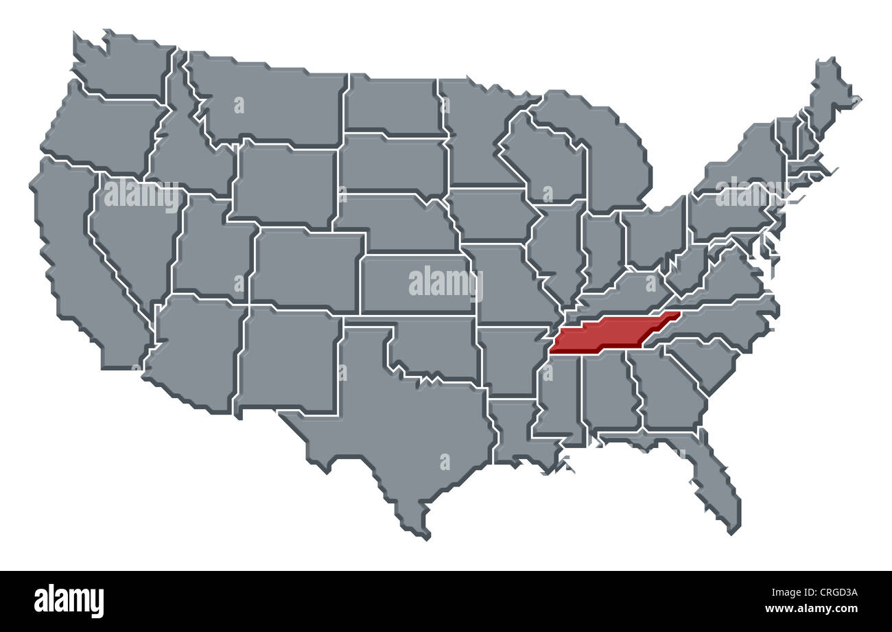 Political map of United States with the several states where Tennessee is highlighted. Stock Photo