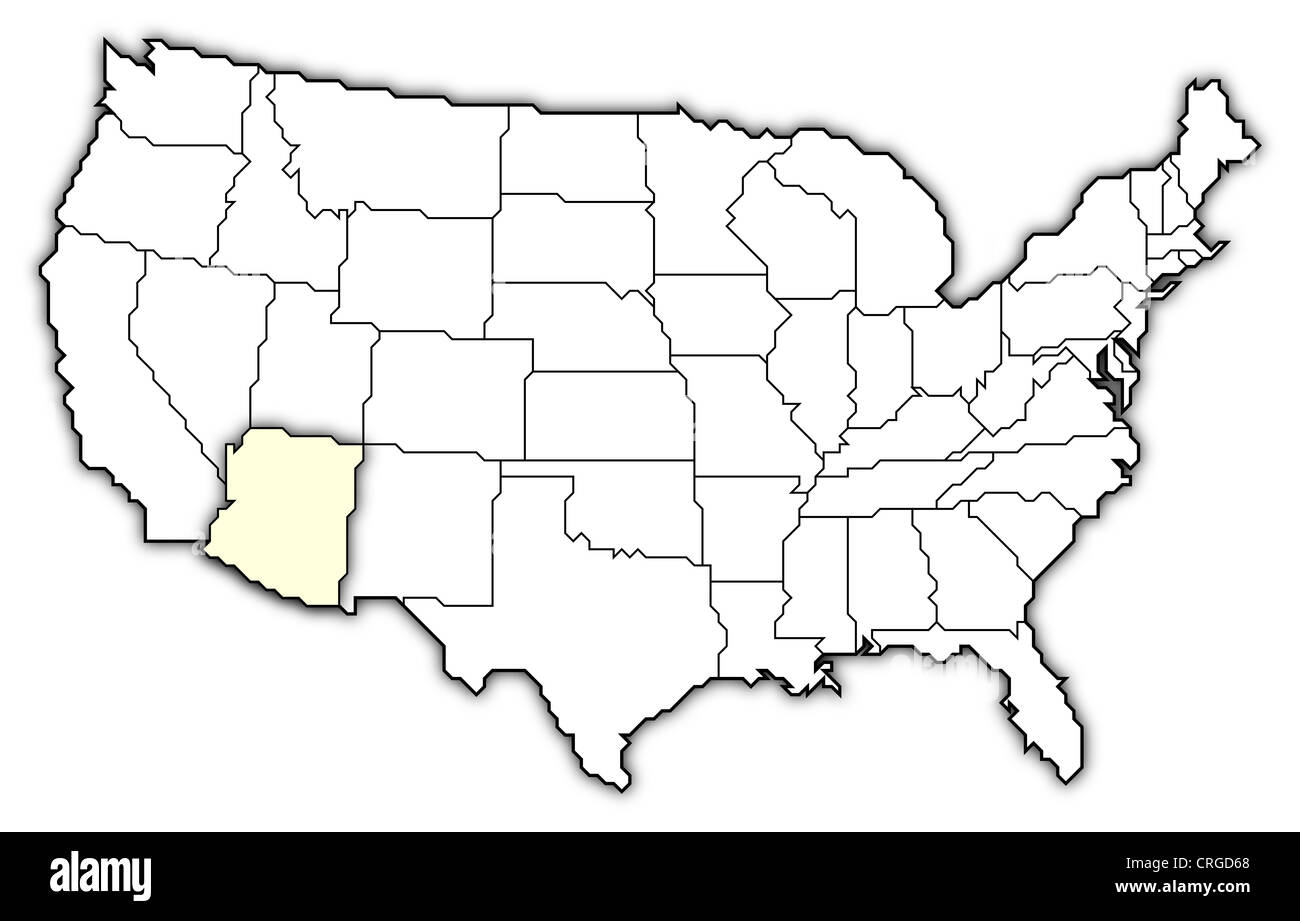 Political map of United States with the several states where Arizona is highlighted. Stock Photo