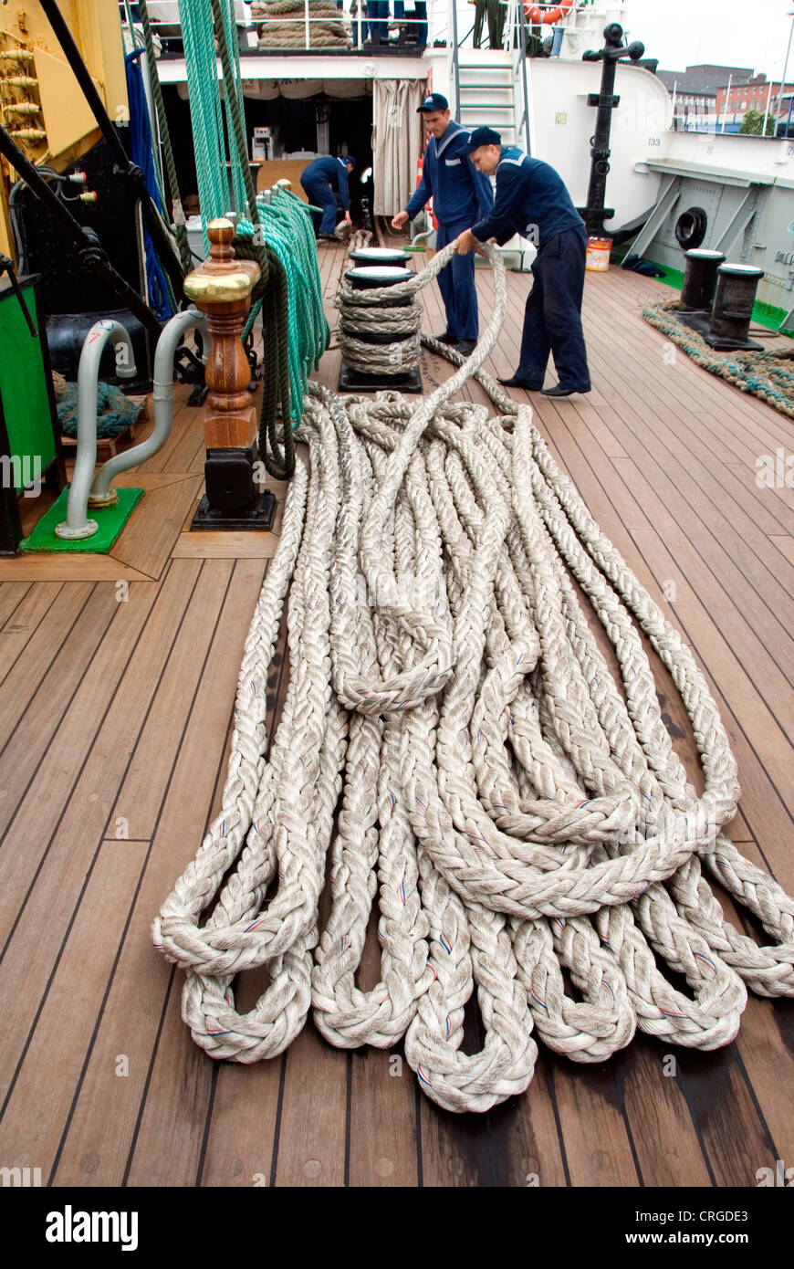 seamen and ropes on deck of the Kruzenshtern, Krusenstern, Germany, Schleswig-Holstein, Kiel Stock Photo
