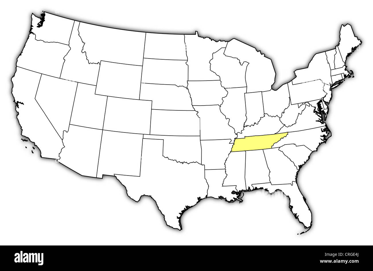 Political map of United States with the several states where Tennessee is highlighted. Stock Photo
