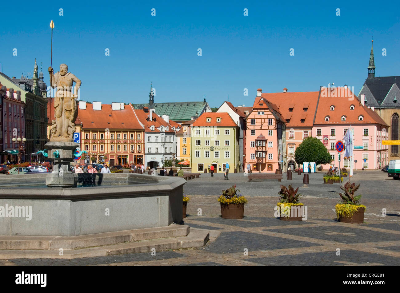 fountain of the knight Roland on the market place, Czech Republic, Cheb Stock Photo