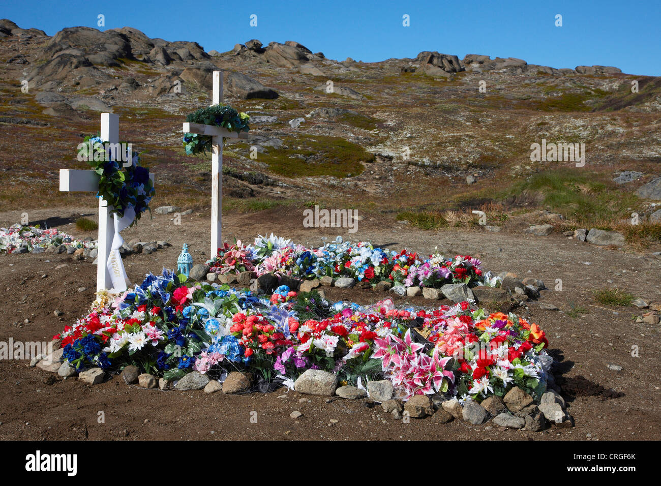 graves on cemetery, Greenland, Ammassalik, East Greenland, Kulusuk, Kap Dan Stock Photo
