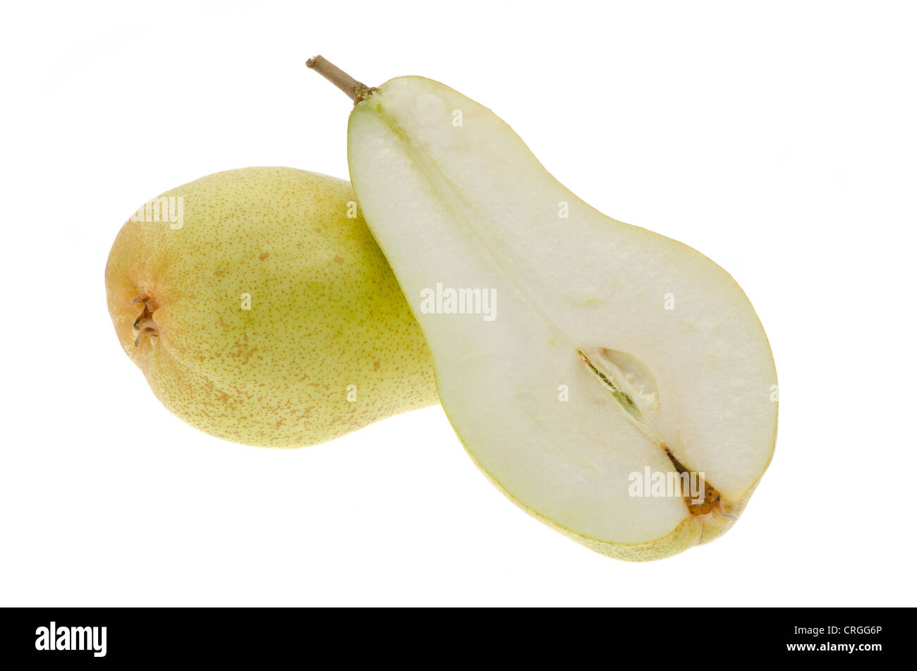 Fresh green pear with a slice of pear - studio shot with a white background Stock Photo