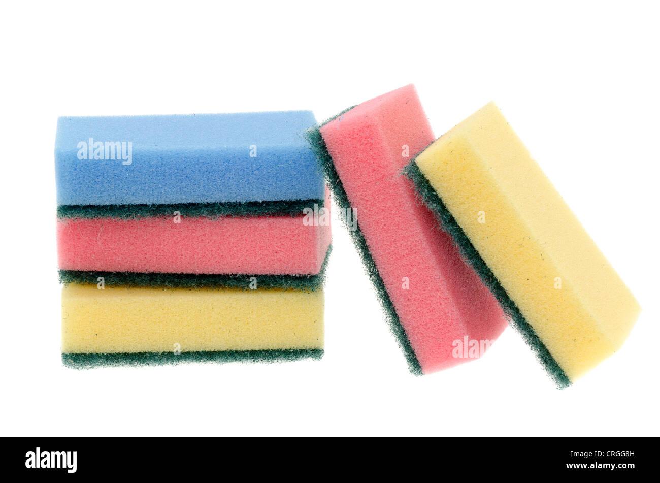 Colourful sponge kitchen scouring pads studio shot with a white