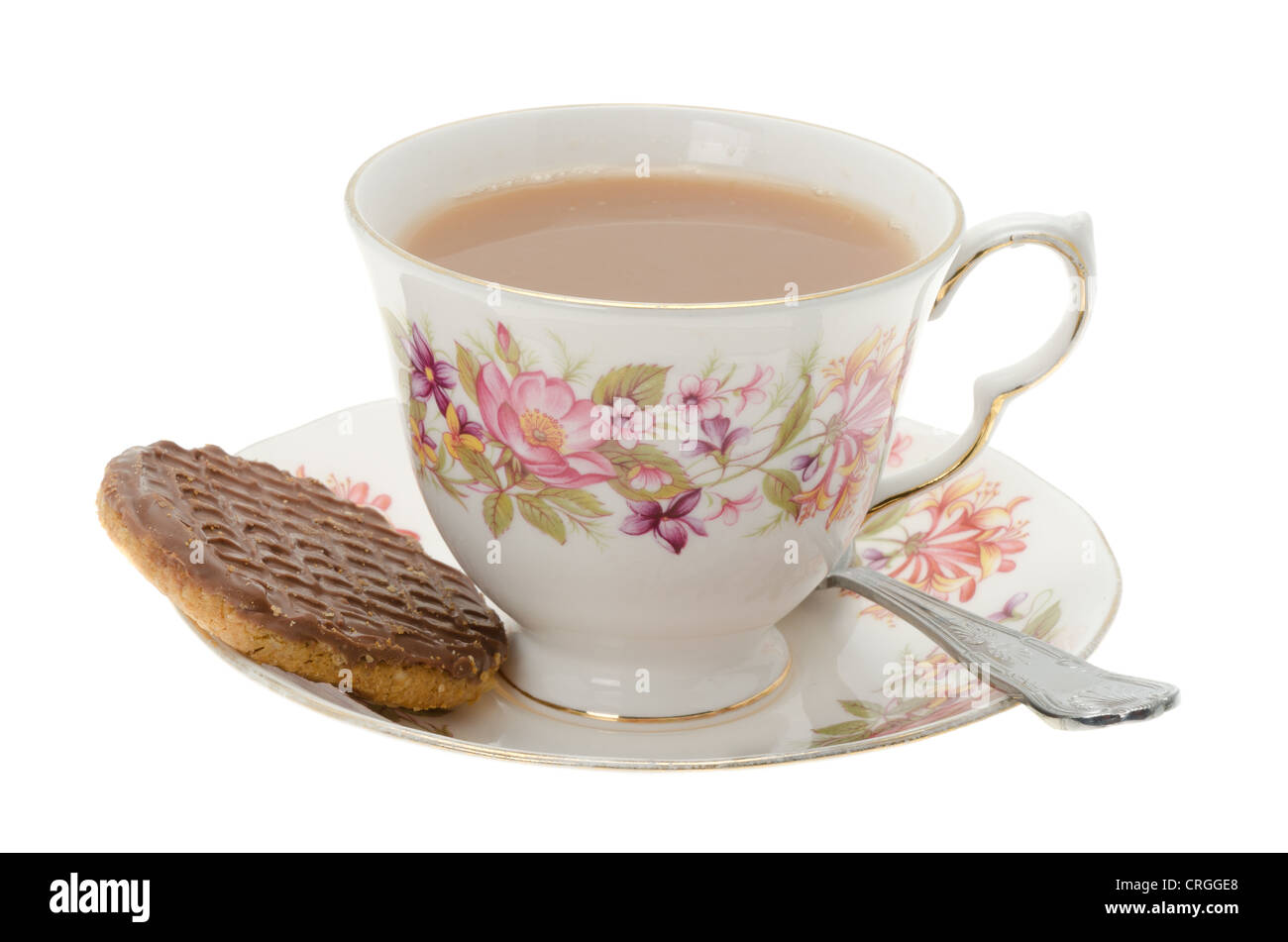 Bone china cup and saucer containing hot tea with a chocolate biscuit