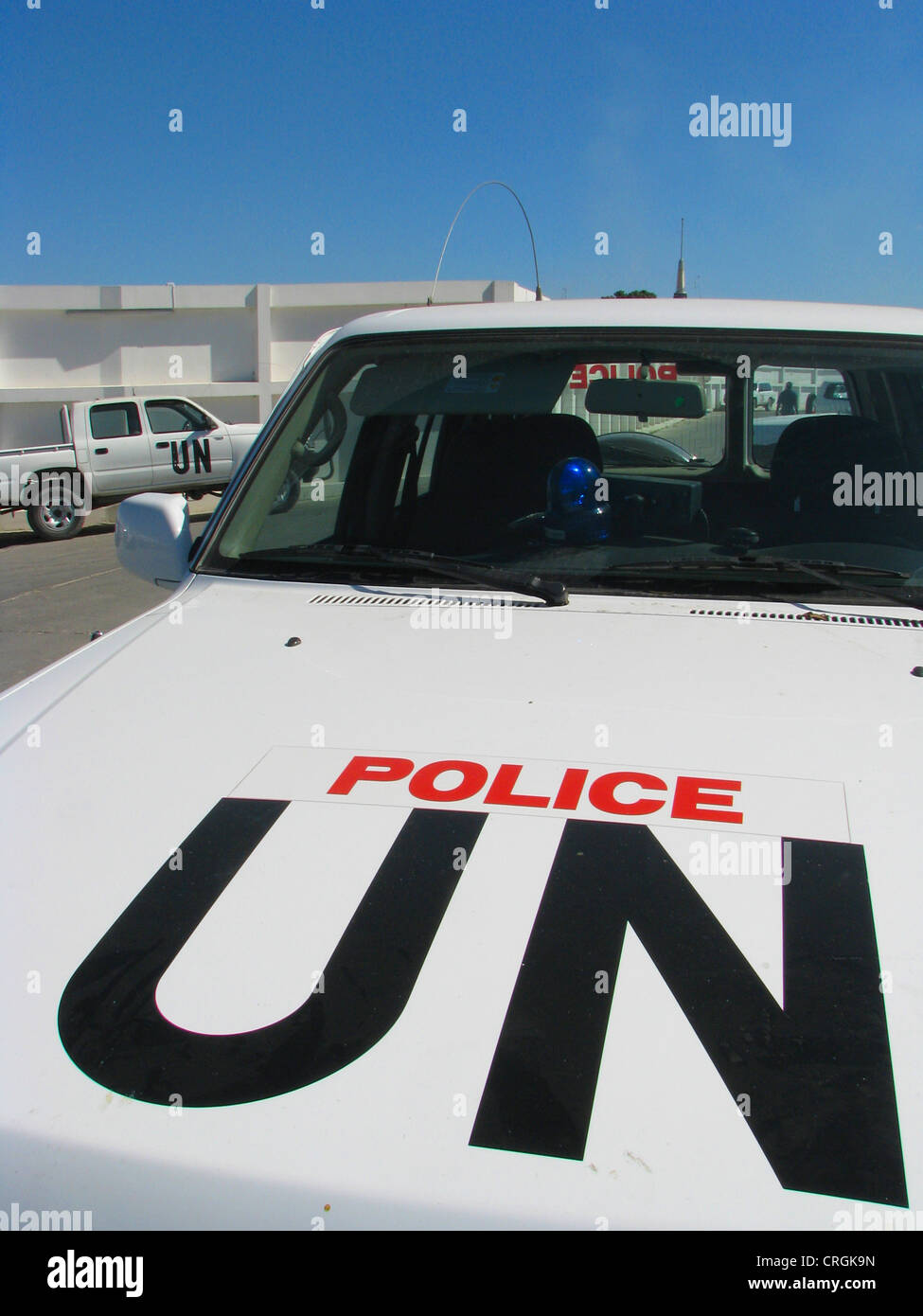 Four-wheel drive Vehicle of the United Nations police forces parking in the headquarter of the 'United Nations Stabilisation Mission in Haiti', Haiti, Provine de l'Ouest, Port-Au-Prince Stock Photo