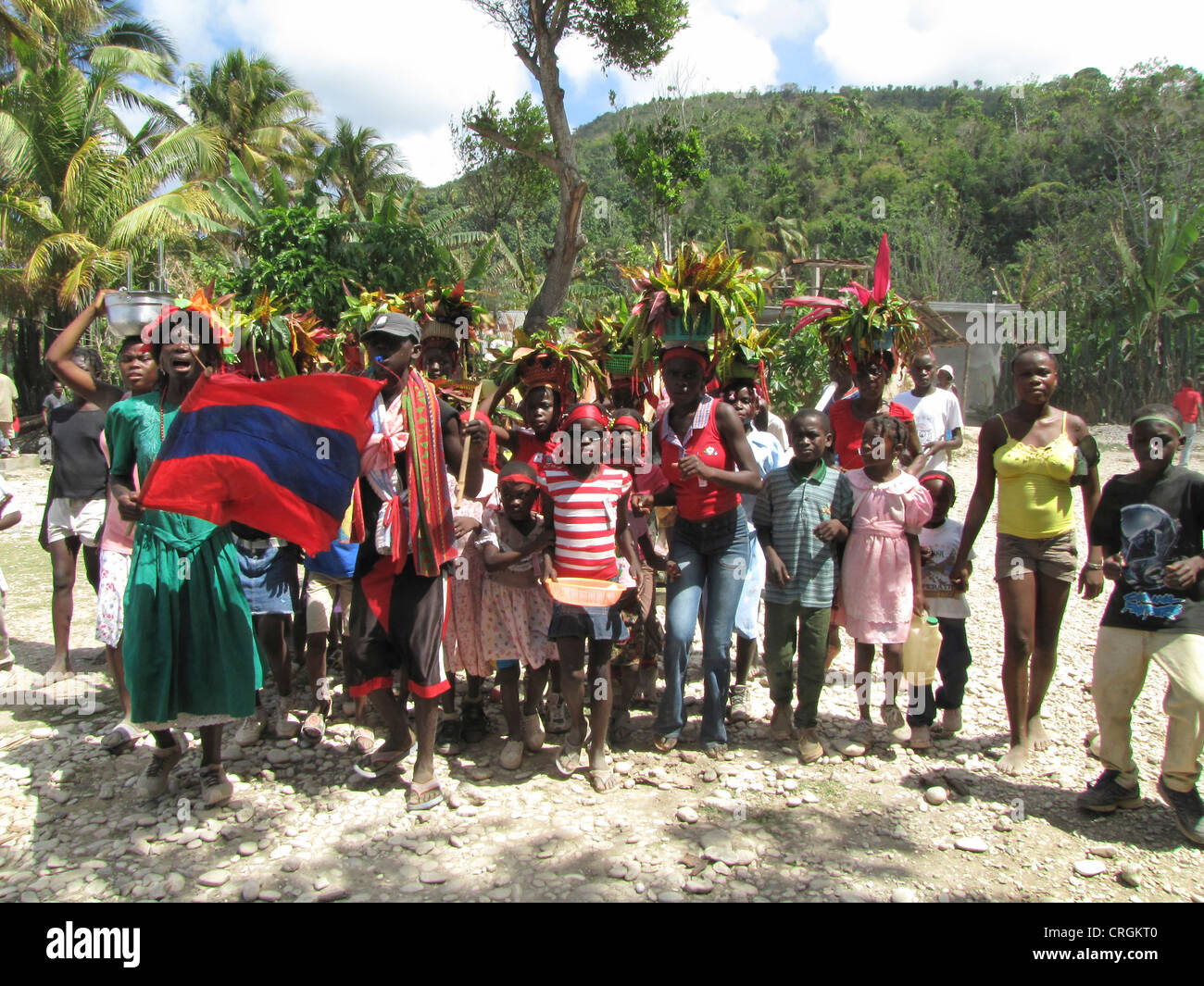 Local population celebrating carneval with traditional costumes, Haiti, Grande Anse, Abricots Stock Photo