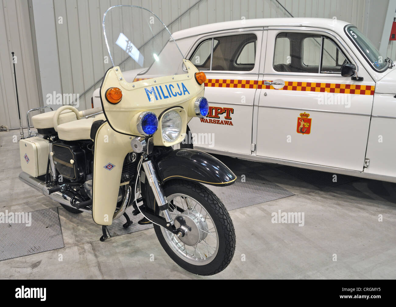 Motorcycle civic militia and taxi car. Stock Photo