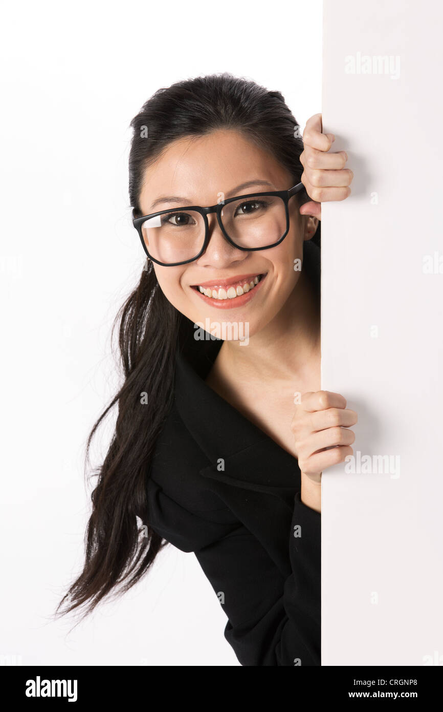 Business woman holding billboard. Stock Photo