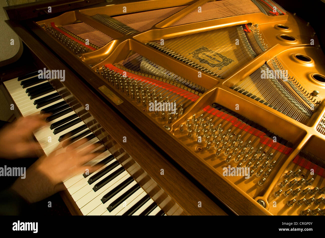 keys, strings and mechanism of grand piano Stock Photo