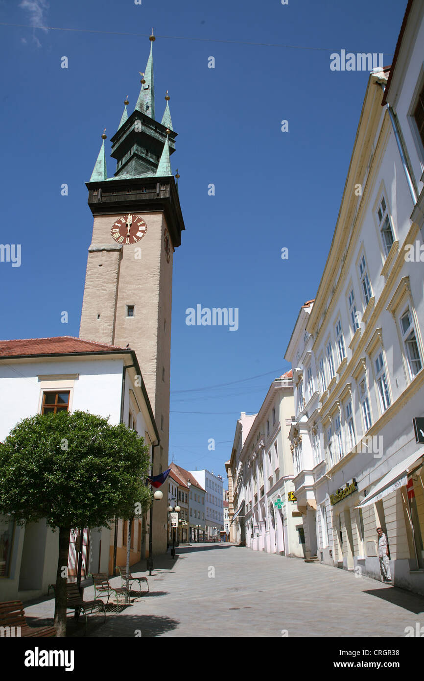 street and church, Czech Republic, Maehren, Znaim; Znojmo Stock Photo