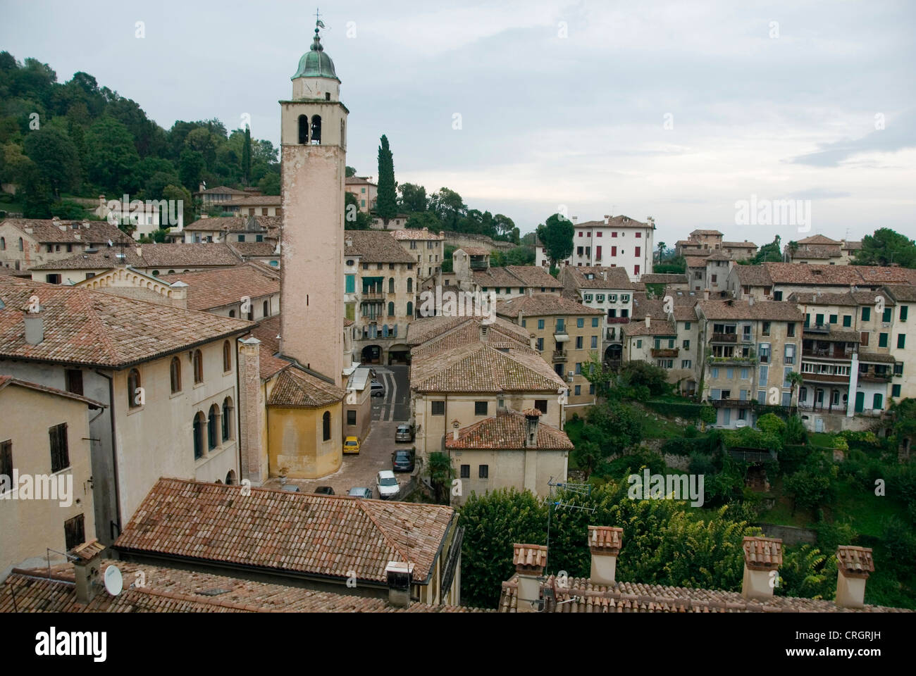 view on city with cathedral and fortress, Italy, Veneto, Asolo Stock Photo