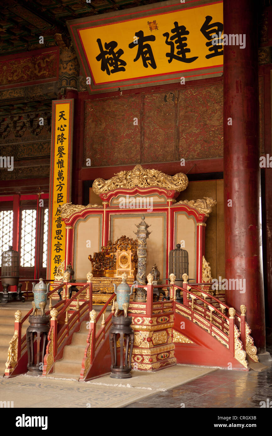 Imperial throne in Hall Of Supreme Harmony, Forbidden City, Beijing, China Stock Photo