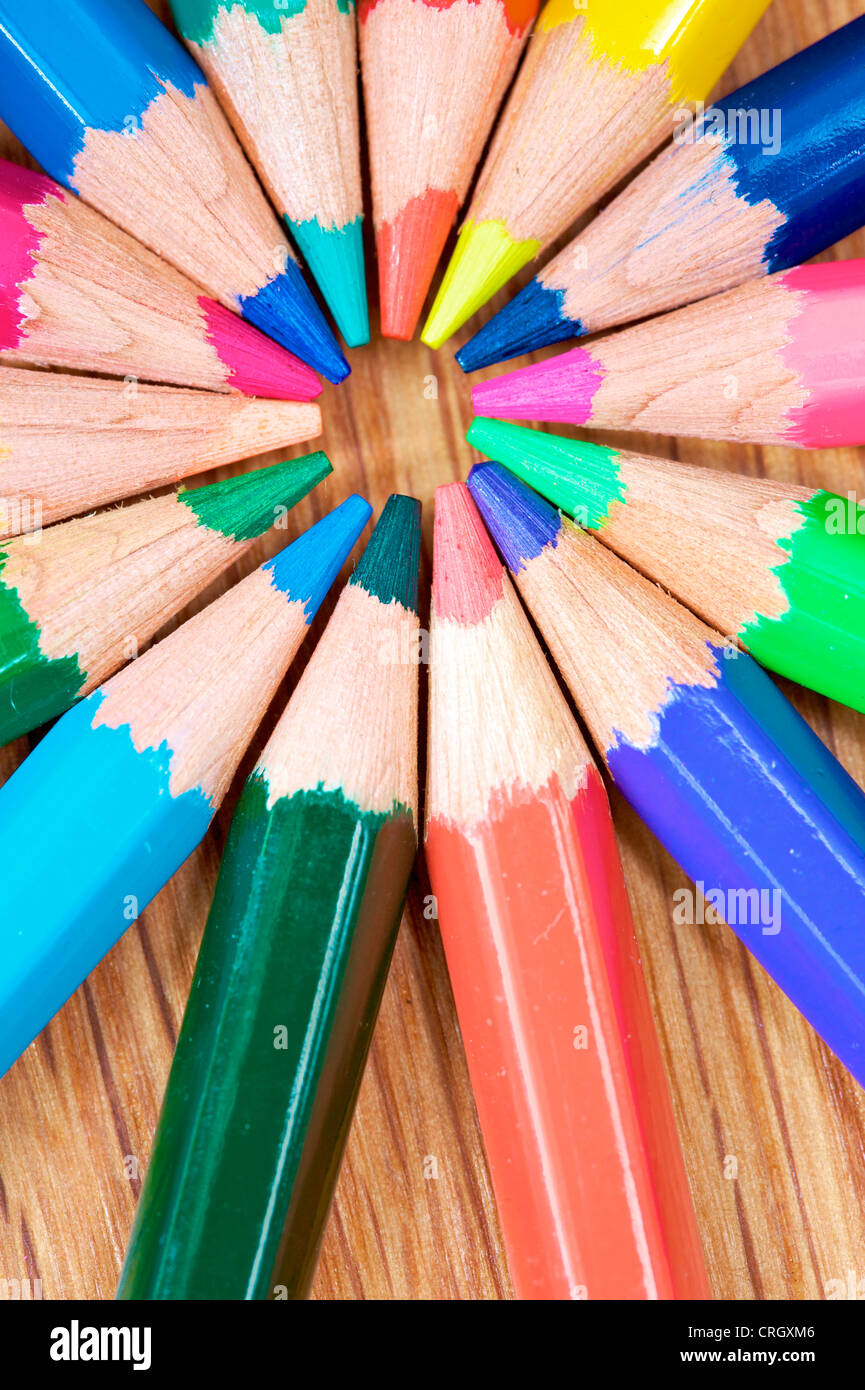 assorted colour pencils forming a circle Stock Photo